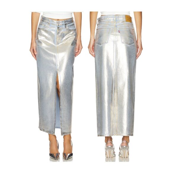 ⭐LEVI'S Revolve Women's Ankle Column Denim Maxi Skirt SZ 27 Shiny Metallic New - Picture 1 of 12